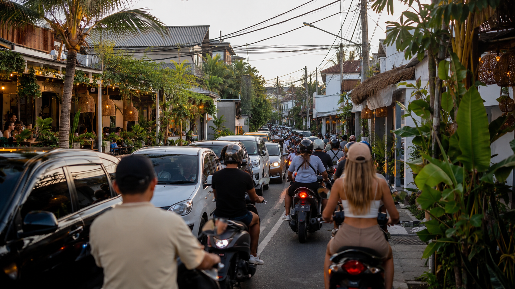 Heavy Traffic in Canggu Cars and motorcycles in heavy traffic on a narrow road in Canggu Bali