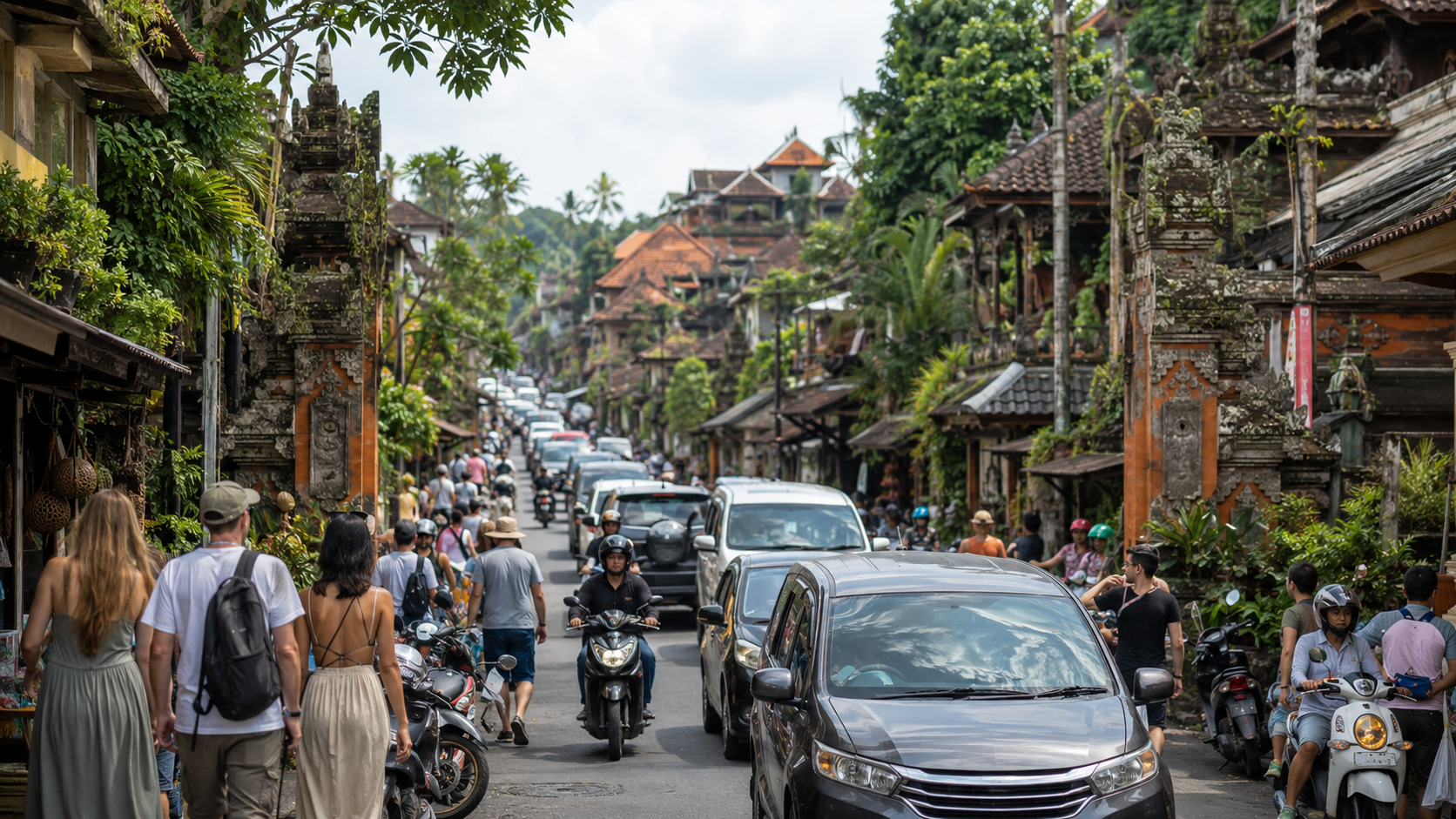 Traffic in Central Ubud Alternative Text: Cars scooters and pedestrians on a busy narrow road in central Ubud Bali