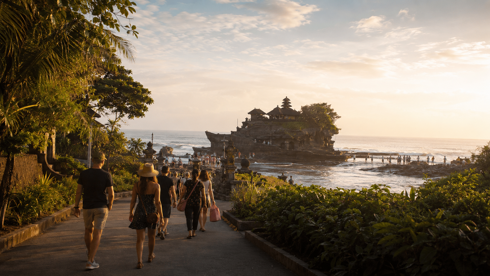 Tanah Lot Route from Seminyak or Canggu Road leading toward Tanah Lot temple in Bali during the late afternoon