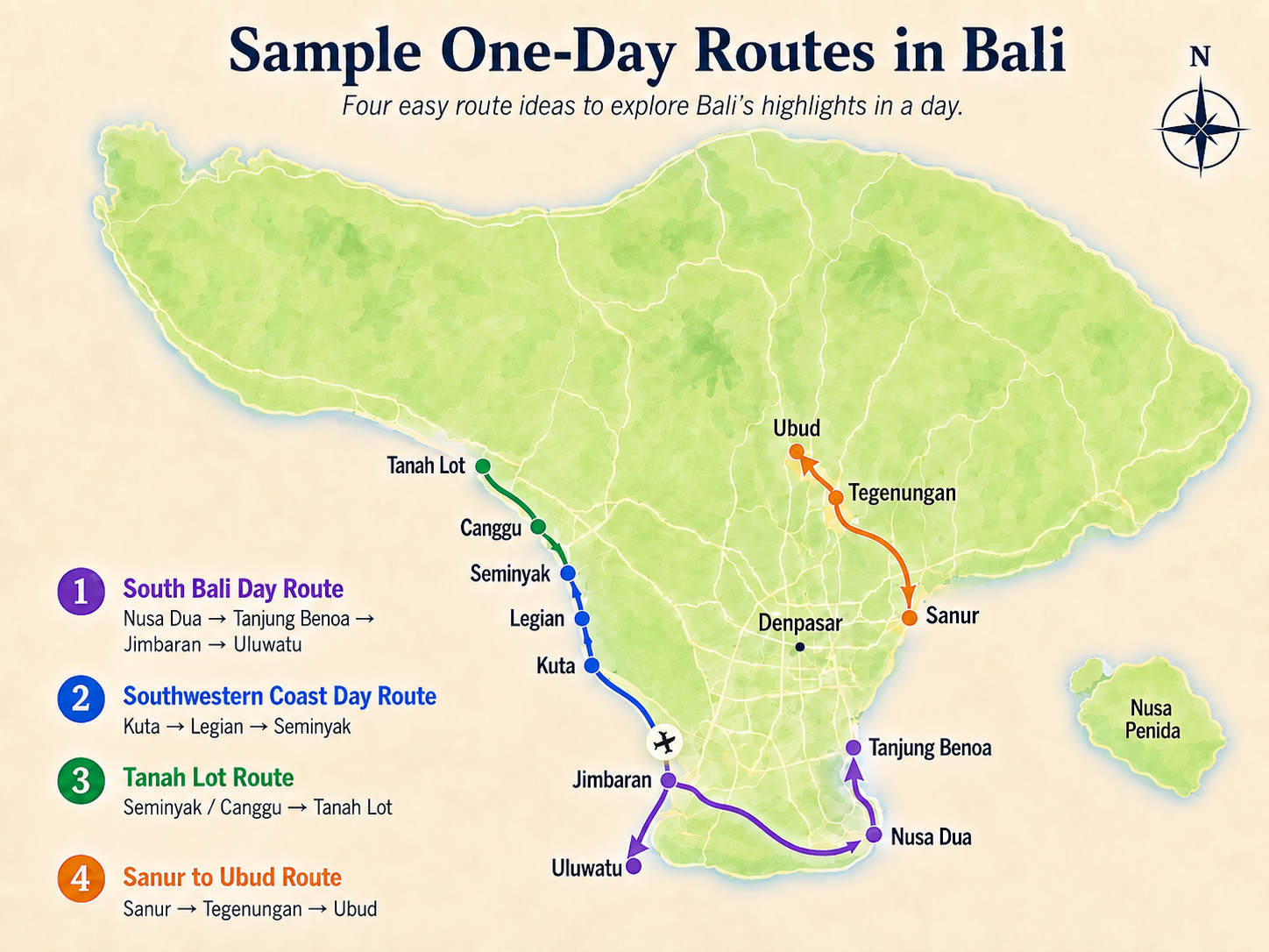 Sample One-Day Routes in Bali Sample one-day travel routes in Bali grouped by area